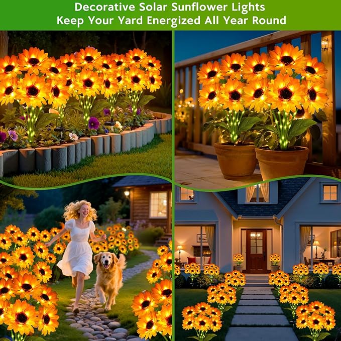 Solar Sunflower Lights Outdoor Garden Decor, 6 Pack Solar Flowers Lights with 36 Sunflowers, Waterproof Decorative Stake Lights Auto ON/Off for Garden Yard Patio Backyard