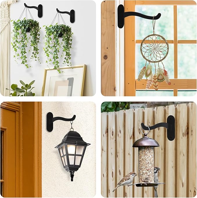 2Pcs 7-Inch Outdoor Plant Hangers- Metal Wall Lantern Hooks for Hanging Indoor Planter Basket Wind Chime Hummingbird Feeder, Black