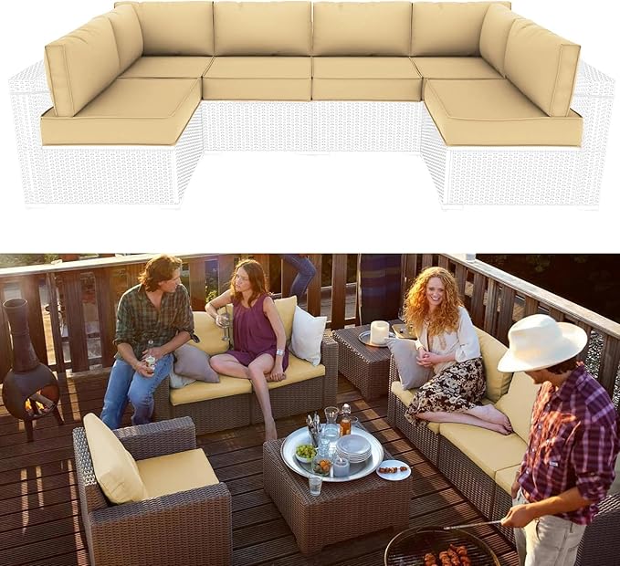 Outdoor Sectional Cushions Replacement Set, 26x26in Patio Furniture Cushions, 14 Pieces Waterproof Outdoor Couch Cushion for 6 Seat Wicker Conversation (Beige)