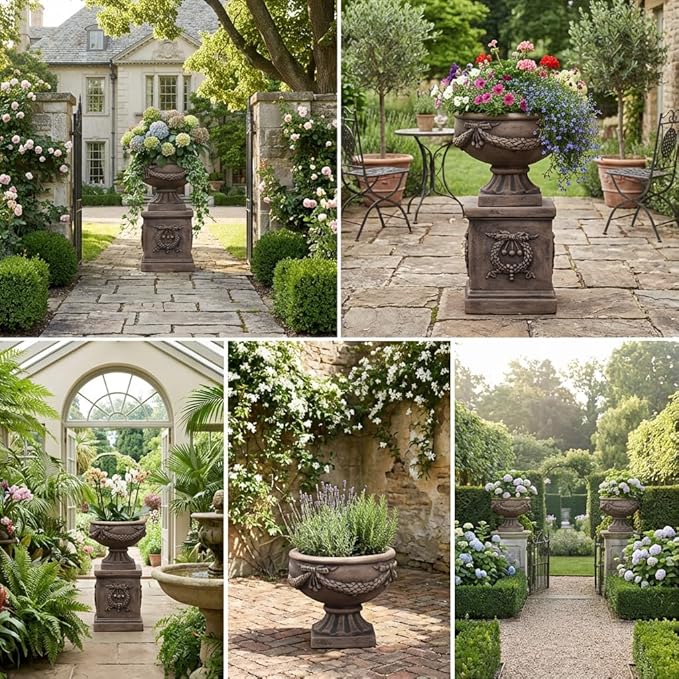 17 Inch Sculptural Garden Plinth Base Statue, Embossed Design Durable and Sturdy Resin Fiber Base,Antique Stone Finish