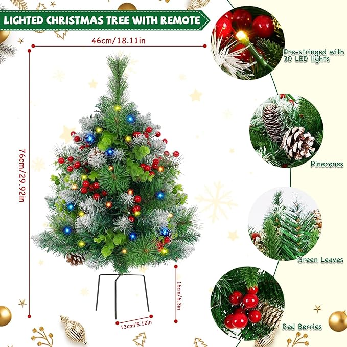 2 Pack Christmas Decorations Outdoor - 30" Pre-Lit Outdoor Christmas Tree with Lights, Prelit Planter Bushes with Remote, Christmas Planter Urn Filler for Front Porch Pathway Yard Garden Holiday Decor