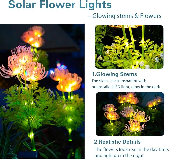 Solar Garden Lights, Solar Flowers Lights with Glowing Flowers & Stems, Upgraded Solar Panel, Outdoor Lights for Garden Decoration,Yard Decor and Gift for Mother (4 Pack)