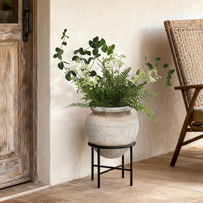 LuxenHome 14" Dia Large Planters for Indoor Plants, Indoor Plant Pots with Stand, Distressed Cachepot for Living Rooms, Entryway, Office