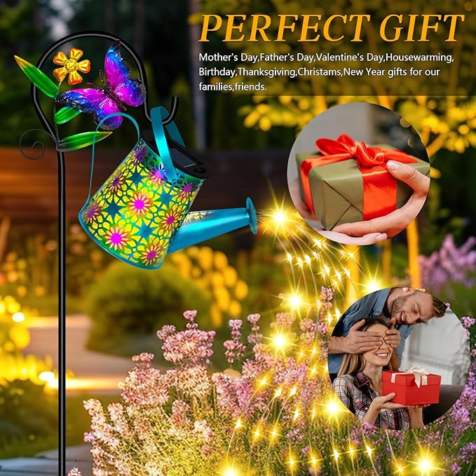 Solar Watering Can with Lights, Waterproof Solar Lantern with Butterfly Shepherd Hook, Hanging Garden Lights for Patio Yard Lawn Porch Outdoor Decoration 2 Pack