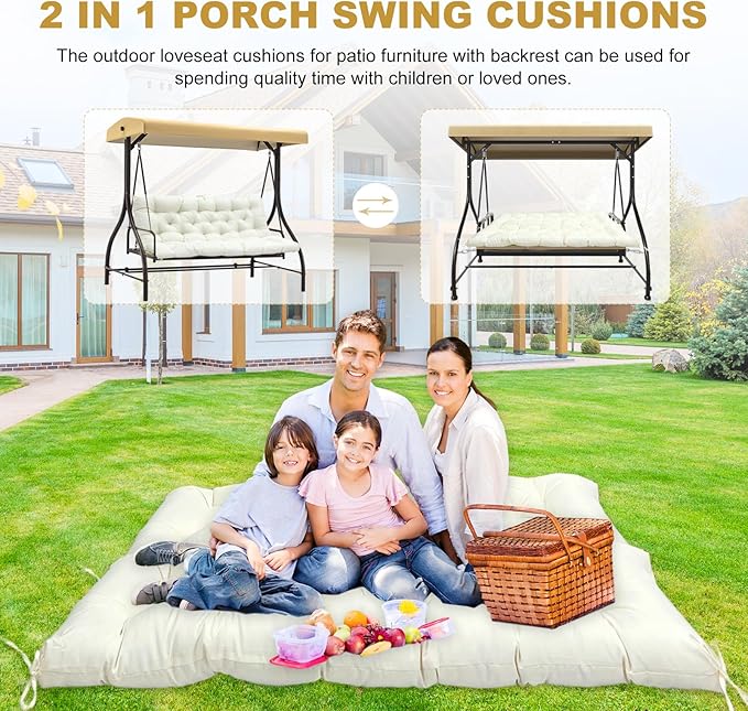 60" Porch Swing Cushion with Backrest, Waterproof Outdoor Bench Swing Cushions 3 Seater Replacement Thickened Swing Cushions with Ties for Patio Garden Backyard,Beige,60x40in