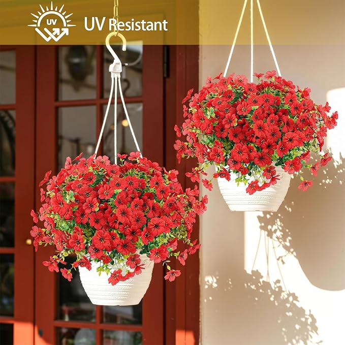 Artificial Flowers Outdoor Faux Plants UV Resistant Fake Patio Flowers Plastic Greenery Plnats Outside Bulk for Spring Garden Hanging Planter Home Vase Decor, 24 Bundles (Red)