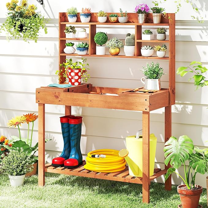 Giantex Potting Bench Table, Outside Solid Wood Gardening Table with Flip-up Tabletop, Storage Shelves, Indoor Outdoor Wooden Workstation for Patio Porch Balcony, Potted Plant Display Rack (Brown)