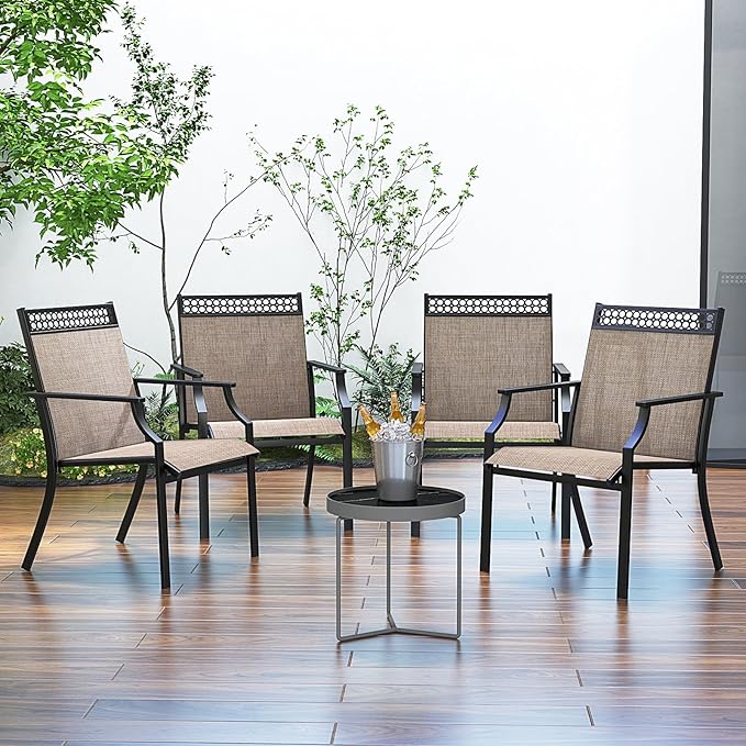 Giantex Patio Chairs Set of 2, Outdoor Chairs with All Weather Fabric, High Backrest, Armrests, Heavy Duty Metal Armchair, Outside Dining Chairs for Porch Lawn Garden Yard Pool (Light Brown & Black)