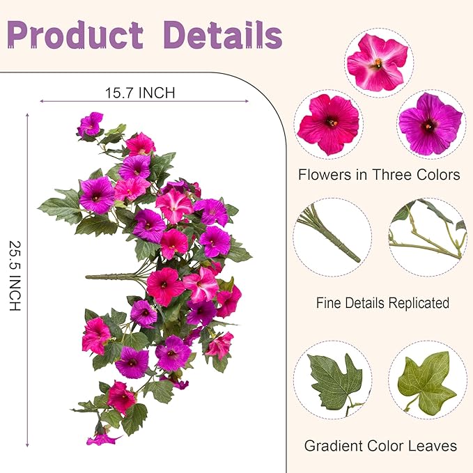 Artificial Fake Flowers for Outdoor Spring Decoration, 2PCS Faux Silk Petunias No Fade UV Resistant Flowers for Outside Garden Porch Yard Balcony Patio Realistic Indoor Decor(Fuchsia)