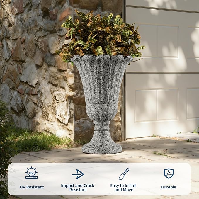 Heavy-Duty 23.6" Tall Urns Planters for Outdoor Plants - Set of 2 Water Storage Base Large Outdoor Planter for Porch, Sandblasting Process Indoor Flower Pots for Home/Garden Vase, Heather Gray