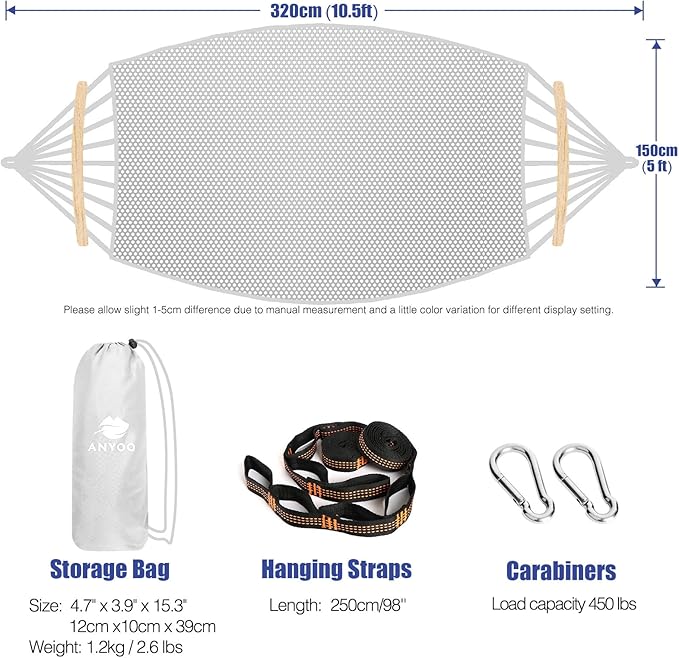 Anyoo Breathable Fabric Hammock with Spreader Bar - Sturdy Up to 450lbs Portable Hammock with Travel Bag for Garden, Outdoor/Indoor Patio, Backyard