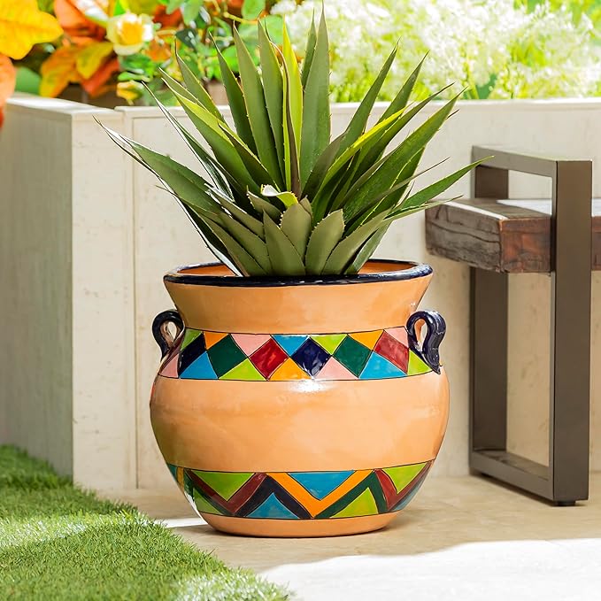 Evergreen Garden Talavera Mexican Pottery Ceramic Chata | Flower Pot Plant Succulent | Indoor Outdoor (14 in. Multicolor Striped)