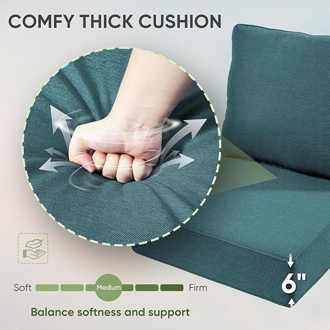 Outdoor Chair Cushions Set of 3, Waterproof 24x24 Patio Chair Cushion, 6" Thickened Seat Cushion for Outdoor Furniture, Couch Cushion Replacement, Include 3 Back & 3 Seat Cushions, Thick/PeacockGreen