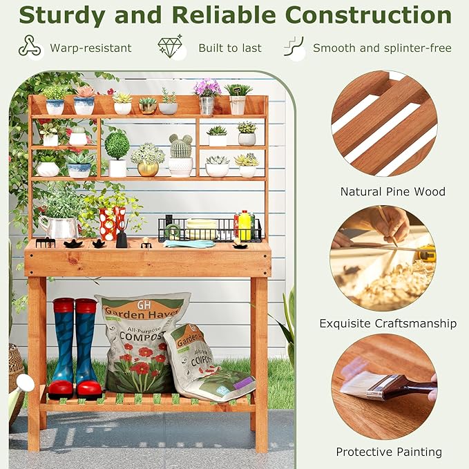 Giantex Potting Bench Table, Outside Solid Wood Gardening Table with Flip-up Tabletop, Storage Shelves, Indoor Outdoor Wooden Workstation for Patio Porch Balcony, Potted Plant Display Rack (Brown)
