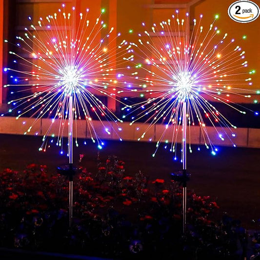 2 Pack Solar Firework Lights Outdoor - Verified 200 LED & 8 Modes - Starburst Solar Powered Garden Lights, Reinforced Durable Stakes, Waterproof Pathway Walkway Lights for Yard Patio Decor