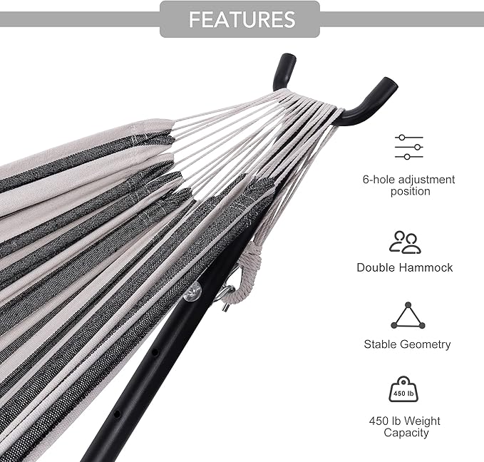 Hammock with Stand for Outside, Heavy Duty Space Saving Steel Stand with 450 lb Capacity,Double Hammock with Portable Carrying Bag, Hamacas para Adultos for Outdoors, Patio, Garden, Yard