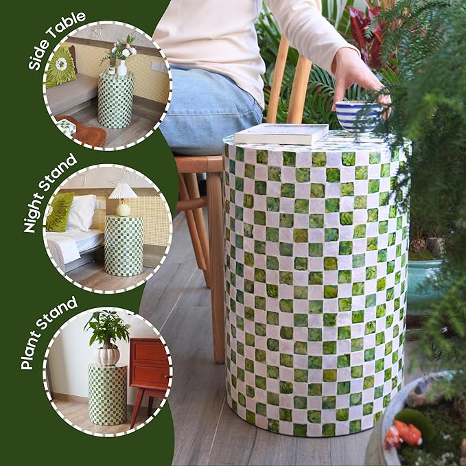 19.7” Checkered Capiz Shells Drum End Table, Decorative Cylinder Side Table & Garden Stool, Round Pedestal Accent Table for Living Room, Bedroom, Indoor & Outdoor (Pistachio Green)