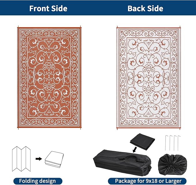 MilleLoomi Waterproof Plastic Straw Outdoor Rug 9x18 Patio Reversible UV Resistant Foldable Camping Carpet Vintage Large Outdoor Rugs for Deck, Picnic, Porch, Camper, Balcony, Beach，Orange