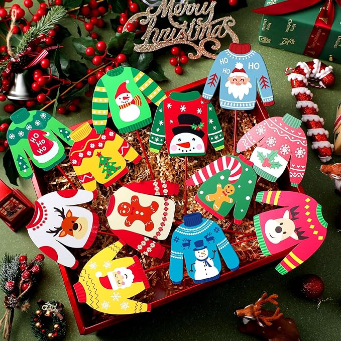 Zonon 12pcs Winter Garden Decorations Winter Snowflake Metal Planter Stakes for Patio Lawn Planter Pot Xmas Nutcracker Gingerbread Yard Stake Signs Outdoor Lawn Decor Party Favor(Ugly Sweater)