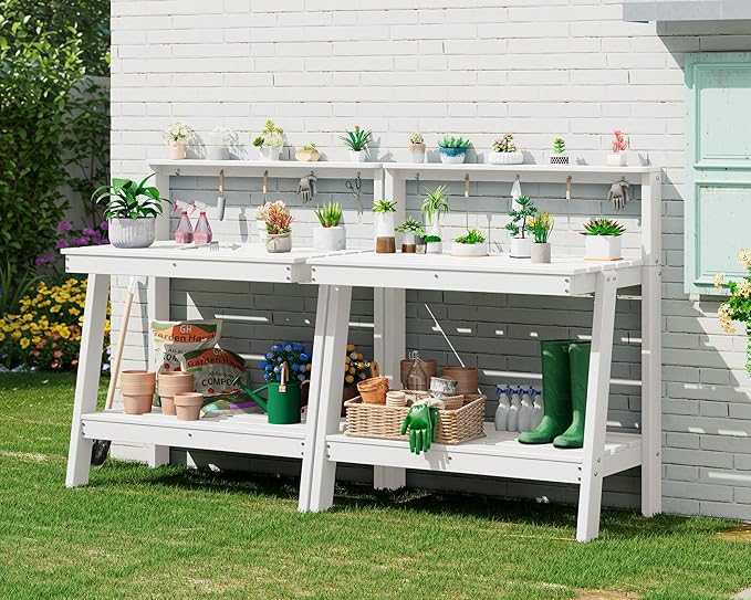 SERWALL Potting Bench Outdoor with Storage Set of 2, 3-Tier HDPE Gardening Table with Angled Legs & Tool Hooks, All-Weather Heavy Duty Potting Table for Patio, Backyard, Garden, White