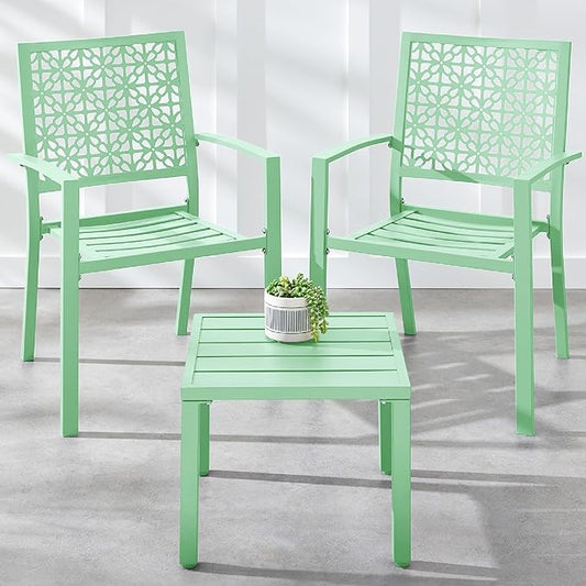 Best Choice Products 3-Piece Outdoor Bistro Set, Stackable Modern Steel Furniture for Porch, Garden w/ 2 Chairs, Table, Geometric Decor - Mint Green