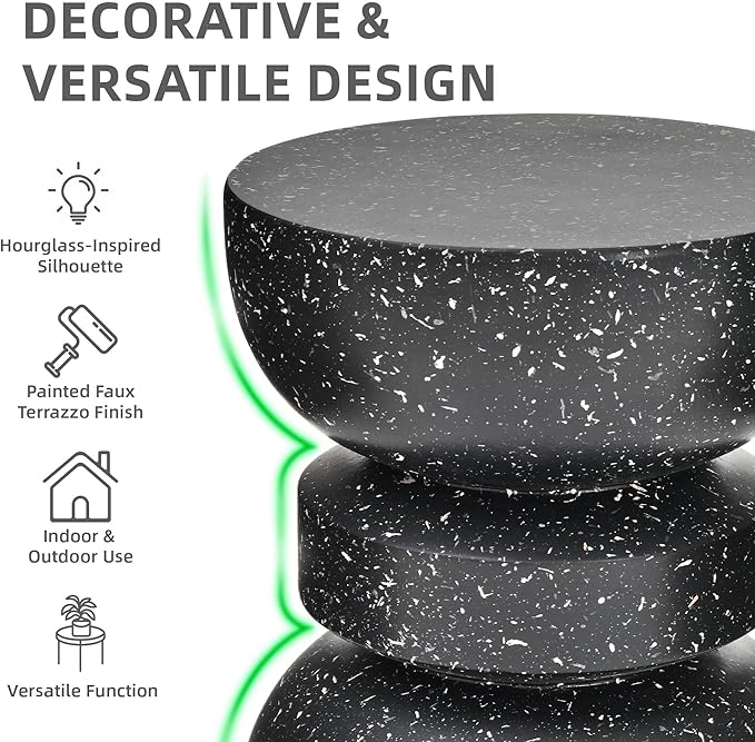 18" H Modern Black Side Table for Living Room, Decorative Terrazzo Finish MGO Outdoor End Table, Versatile as Coffee Table, Stool, Plant Stand, Weather-Resistant for Garden Patio Deck Use