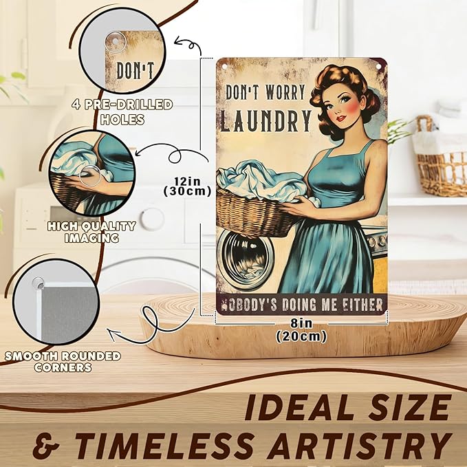 PEACHGARDEN Funny Laundry Room Decor - Vintage Metal Sign for Wall Decor - 8x12 Tin Sign for Bathroom, Mudroom, & Drying Zone - Witty Home Decor Gift for Women & Moms