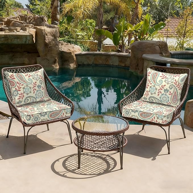 Outdoor Deep Seat Cushion Set, Water Repellent 22"x22" Patio Thick Cushions Replacement with Seat & Back Pillow for Patio Sofa, Wicker Chair, Couch - Paisley Vintage