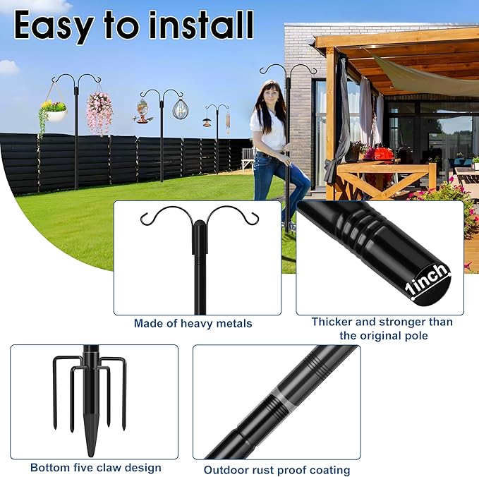 Ottsuls Bird Feeder Pole, 2 Pack 108 INCH Double Shepherds Hooks for Outdoor, with 5 Base Prongs Heavy Duty Tall Garden Planter Hooks for Hanging Flower Basket, Lantern, Hummingbird Feeder