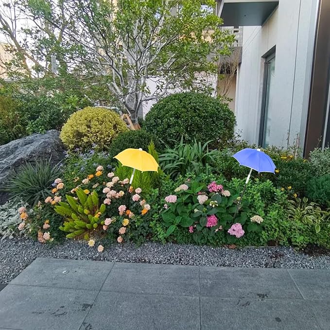 2 PCS Mini Plant Umbrellas, 10.6 Inch Diameter Small Mini Adjustable Height (23.2-31.1 Inch) Shade Umbrella for Outdoor Potted Plants Garden Bed Flower Pot Decor, Blue and Yellow