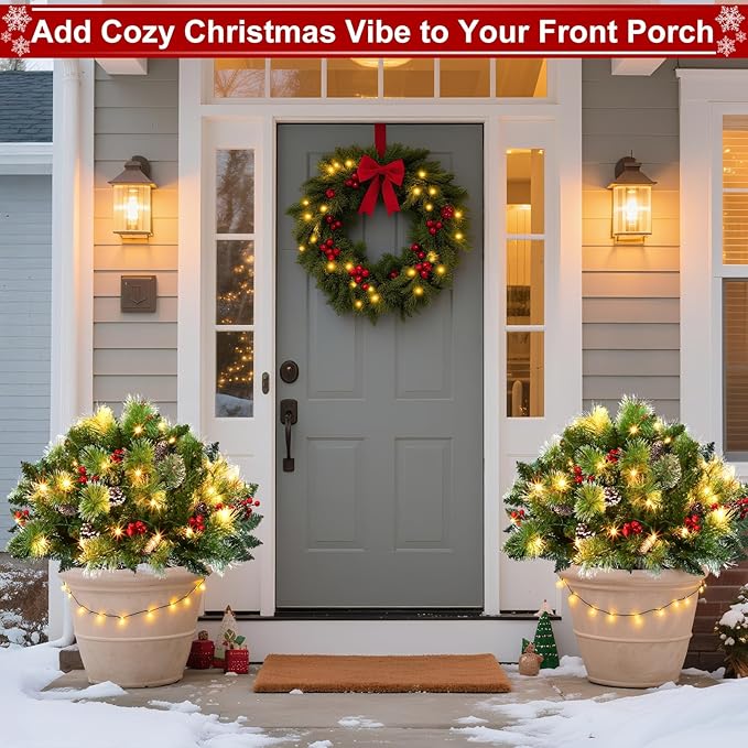 8 Modes&Timer -2 Pack 24" Lighted Christmas Tree Outdoor Urn Filler with Warm White & Multi-Color Change Lights Snowy Pinecone Berries Tripod Stake Xmas Trees Planter Filler Christmas Decor Yard Porch