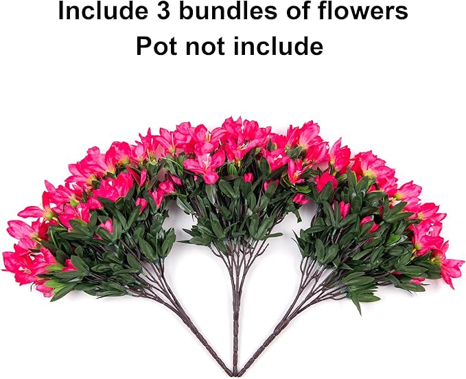 INSPRING Artificial Flowers for Outdoors Outside Decoration, 3 Bundles Spring Fake Silk Azalea Plants UV Resistant Realistic Faux Flowers for Outdoor Planter Front Door Patio Garden Home, Hotpink