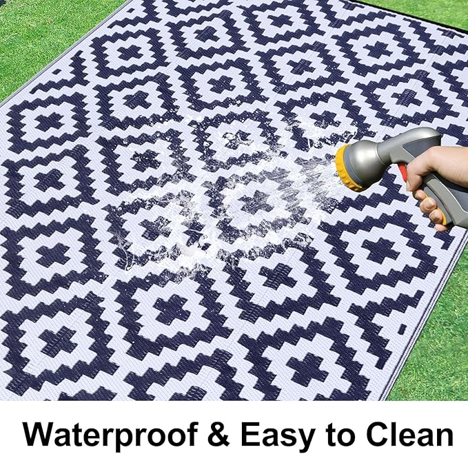 Smiry Waterproof Outdoor Rug 6x9 ft, Reversible Plastic Straw Patio Camping Rugs, Outdoor Indoor RV Mat Carpet for Patio, Outside Entry, Backyard, Deck, Bench, Picnic, Camper, White & Navy