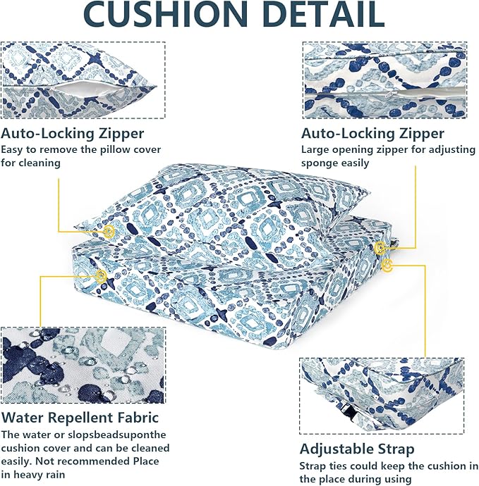 Outdoor Deep Seat Cushion Set, Water Repellent 24"x24" Patio Thick Cushions Replacement with Seat & Back Pillow for Patio Sofa, Wicker Chair, Couch - Boho Geometry Blue