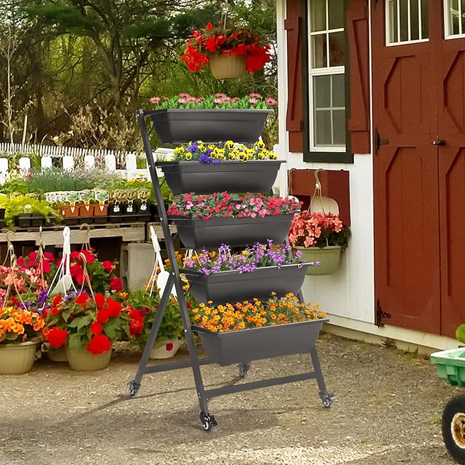 5 Tier Metal Vertical Raised Garden Bed,Tiered Planter Stand with Wheels,Vertical Garden Planter for Indoor & Outdoor,Vegetable Flower Raised Stand,for Patio Balcony Lawn Porch Yard (Black)