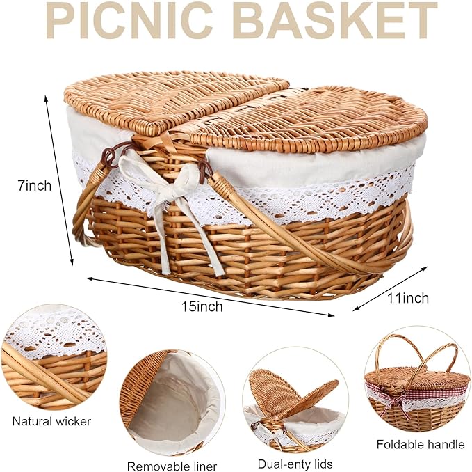 Picnic Basket with Blankets and Bamboo Plates Picnic Supplies Set Basket with Lid and Handle Wicker Picnic Basket Sturdy Woven Body with Washable Lining for Camping (White)