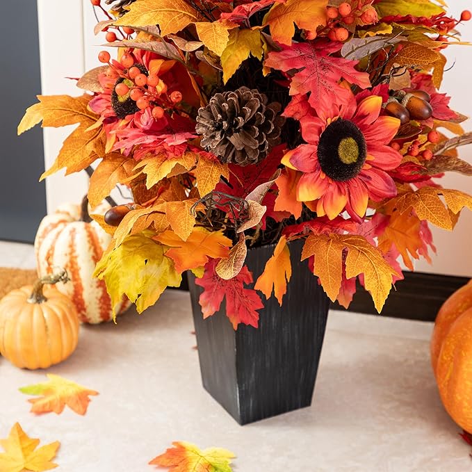 Glitzhome 2 PCS 36”H Fall Porch Tree, Harvest Artificial Porch Tree with Sunflower, Pinecone and Berry Porch & Black Planter, for Autumn Fall Harvest Thanksgiving Christmas Decoration