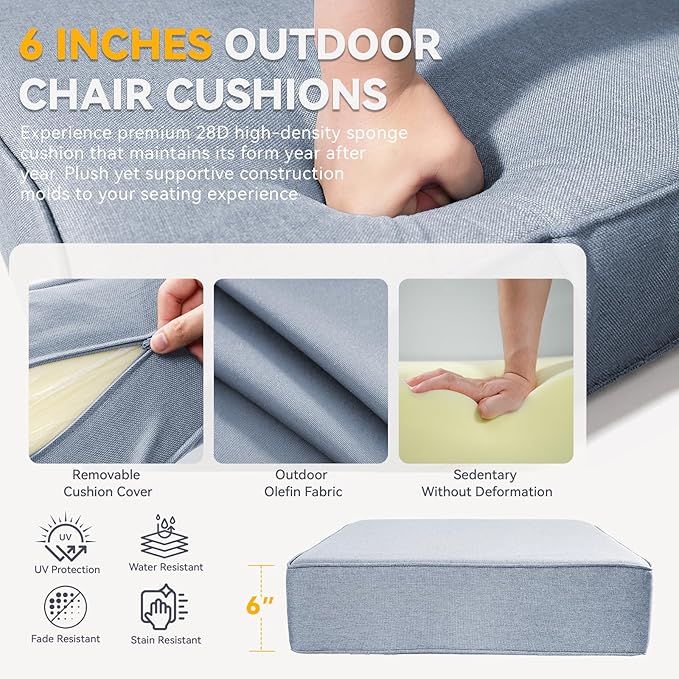 Outdoor Cushion Set for Furniture Patio Furniture, UV Resistant, Water Resistant - 6 Inch Thick Foam Garden Cushions – 22x24 Inch Patio Seat Covers for Chair/Sofa/Couch | Baby Blue | 7-Pack |