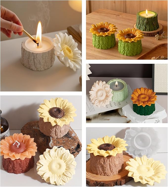 Tree Stump Planter Jar Silicone Mold with Sunflower Lid for DIY Candle Holder, Epoxy Resin Storage Container, Cement Plaster Craft - Flower Pot, Candy Dish, Fairy Garden Decor