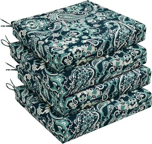 downluxe Outdoor Chair Cushions Set of 4 for Patio Furniture, Water-Resistant Square Corner Patio Chair Cushions with Ties, High Density Foam Outdoor Seat Cushion, 18.5" X 16" X 3", Green Paramecium