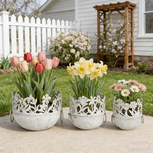 3 Piece Vintage Metal Pots Set,Rustic Distressed Garden Planter Plant Buckets with Handles Farmhouse Floral Containers for Indoor Outdoor Home Gardening Tabletop Centerpieces Wedding Decor White