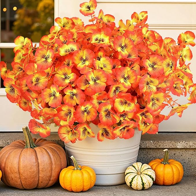 Alupssuc 40 Bundles Artificial Fall Flowers for Outdoors Autumn Decorations, Fake Big Pansies Silk Plants UV Resistant Realistic Faux Flowers Plants for Planter Porch Patio Window Decor, Autumn Orange