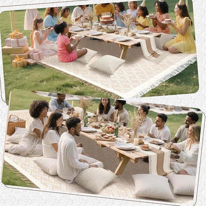 Extra Large Outdoor Boho Picnic Blanket 181'' x 71'' Beige White Table Runner 6 Throw Pillow Cover Woven Cotton Yarn Oversize Beach Blanket Washable for Picnic Camp Wedding