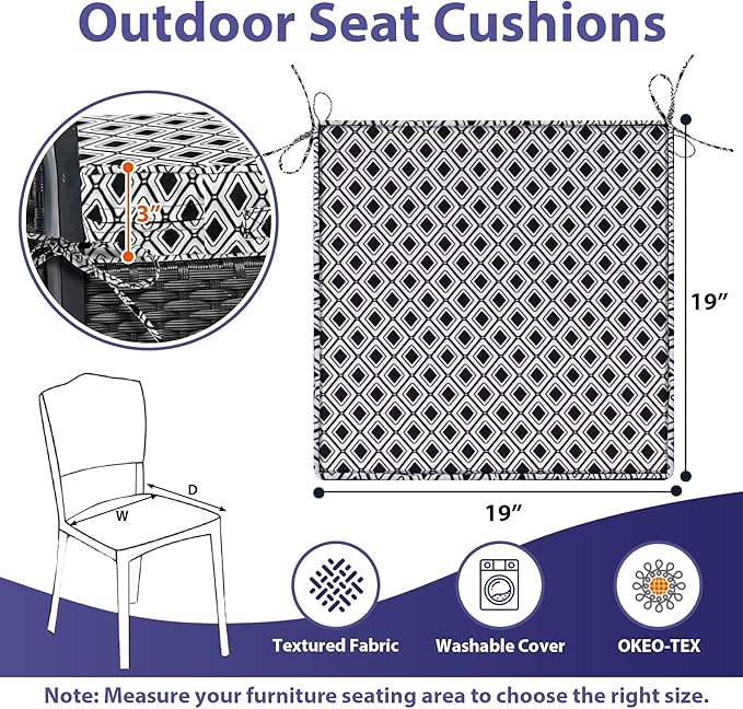 Outdoor Chair Cushions Set of 4,Waterproof Outdoor Seat Cushions for Patio Furniture,Patio Chair Cushion with Handle and Ties, Out Door Chair Pads,19" x 19" x 3", Black Geometry