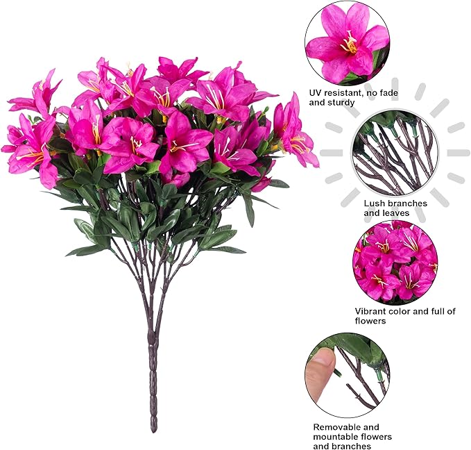 INSPRING Artificial Fake Flowers for Outdoors Spring Outside Decoration, 3 Bundles Silk Azalea Faux Plants UV Resistant Realistic Outdoor Flowers for Planter Porch Patio Garden Walkways Home, Fuchsia