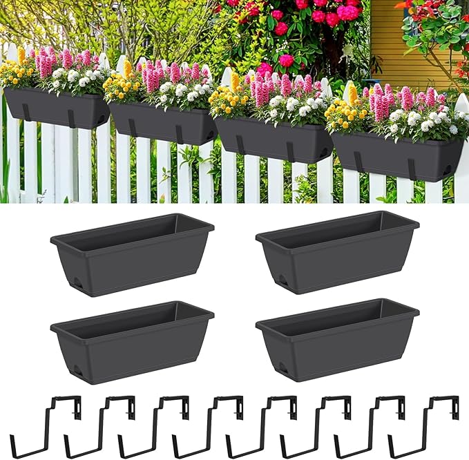 smusei 4 Pack 17 Inch Window Boxes Planters Deck Railing Planter Boxes Adjustable Balcony Planters Railing Hanging, Rectangular Fence Rail Hanging Planter for Outdoor Plants Flower Pots Herb