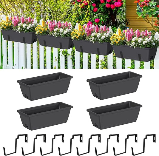 smusei 4 Pack 17 Inch Window Boxes Planters Deck Railing Planter Boxes Adjustable Balcony Planters Railing Hanging, Rectangular Fence Rail Hanging Planter for Outdoor Plants Flower Pots Herb