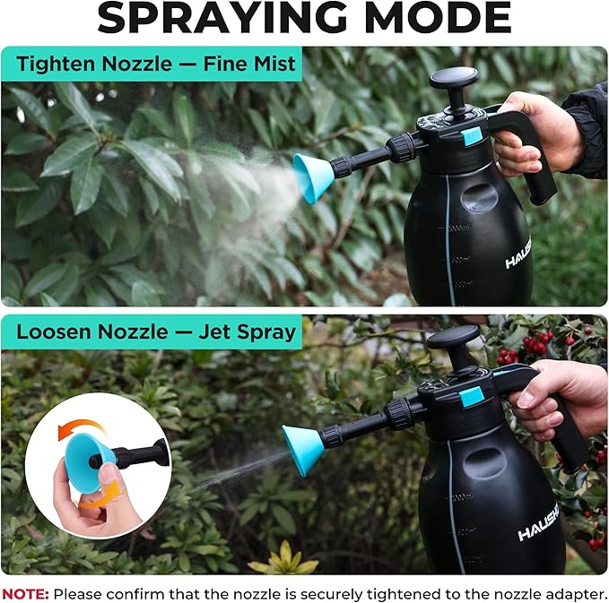 HAUSHOF Hand Pump Sprayer 1/2 Gallon, Pressure Garden Spray Bottle for Plants, Weeds, Flowers, Foam Sprayer Car Detailing with 2 Adjustable Nozzles, Lawn Watering & Outdoor Cleaning, 2L
