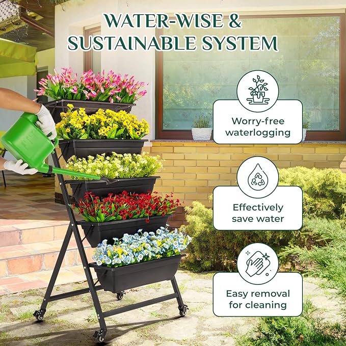 IDZO 5-Tier Vertical Raised Garden Bed with 4 Lockable Caster Wheels, Sturdy Steel Vertical Garden Planter with Efficient Drainage Tray, Ergonomic Ladder Planter with Included Garden Tools, 52", Black