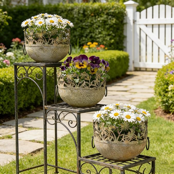 3-Piece Vintage Metal Floral Cutout Planter Set, Rustic Garden Flower Pots for Indoor Outdoor Decor, Distressed Bronze Planters with Handles